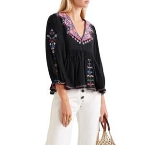 Ulla Johnson Black Maja Embroidered Peplum Peasant Blouse